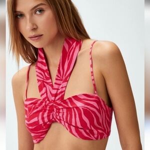 H&M Tie Front Linen Blend Bralette Crop Top. Zebra Print Red/Pink. Size XS NWT
